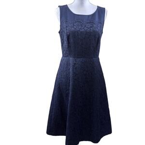 Talbots navy fit and flare dress, lace overlay, elegant, wedding guest, timeless
